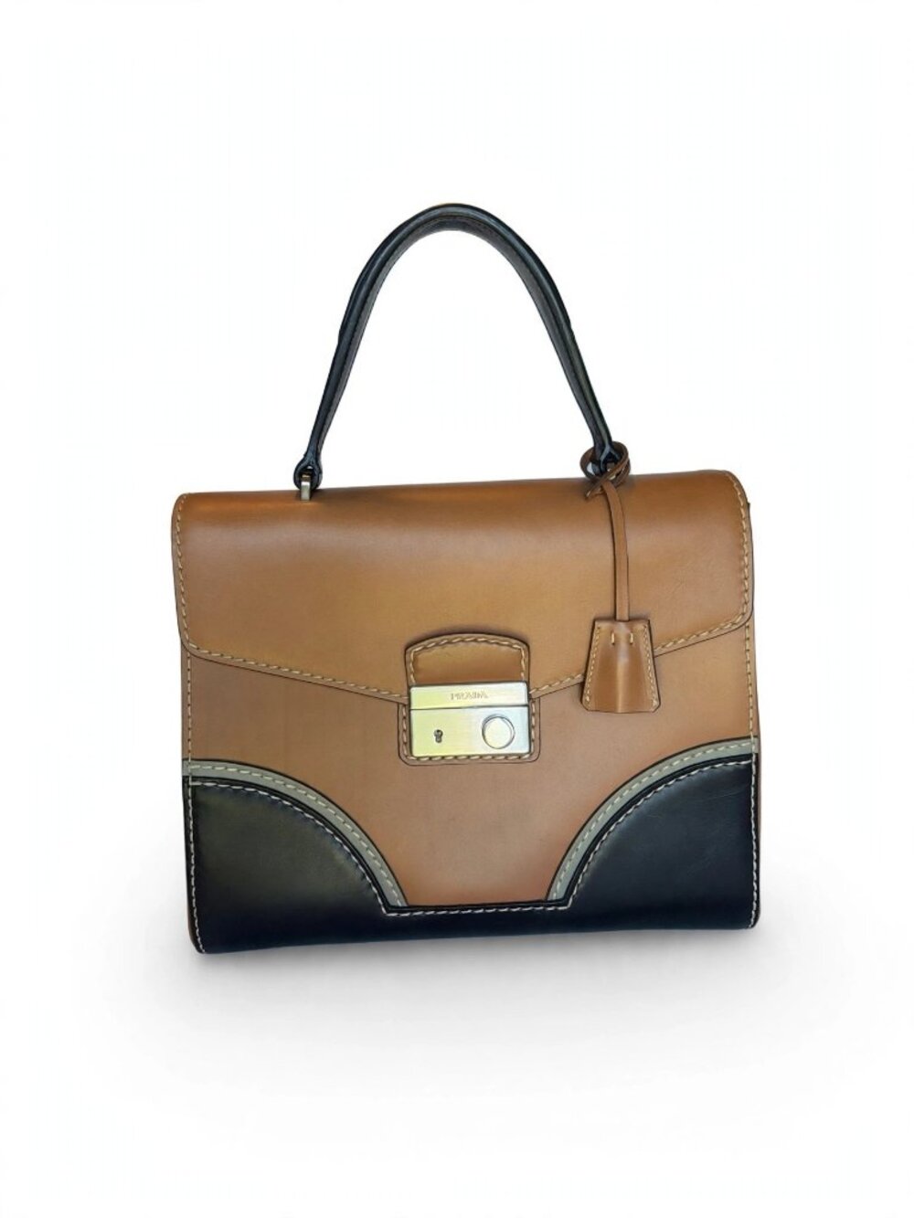Prada City Calf Leather Top Handle Bag Caramel & Black Two-Tone